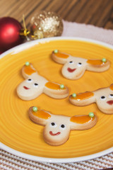 Christmas handmade cookies reindeer on wooden background