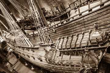 Historic Swedish warship Vasa preserved in Stockholm museum showing detailed wooden hull, rigging and maritime heritage from 17th century © Jaroslav Moravcik