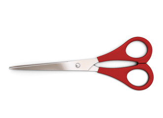 Red scissors on white background.