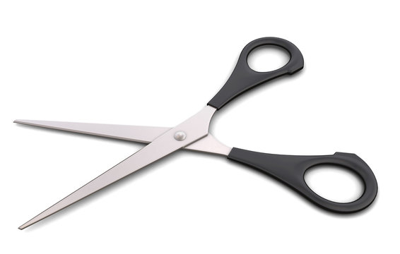 Open scissors close-up on a white background.