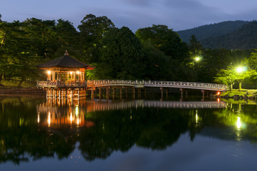 Fototapeta na wymiar Ukimido Pavilion and the reflections in the lake, Nara, Japan