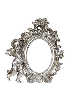 Oval baroque silver picture frame with cupid with clipping path
