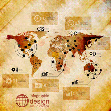 World map, infographic design illustration, wooden background