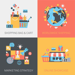 Shopping, shipping, marketing strategy and online store flat set