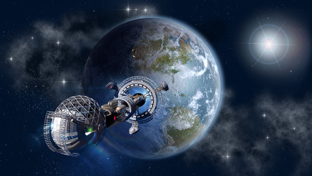 Interstellar spaceship leaving Earth