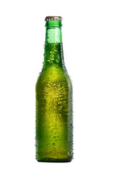 glass bottle of cold beer on a white background.