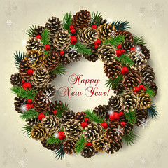 Fototapeta na wymiar Card with wreath of fir cones, branches and red beads