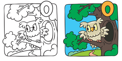 Little owl coloring book. Alphabet O