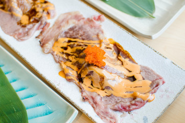 Japanese style fresh sliced beef sushi