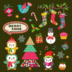 Vector set of Christmas symbols, icons, elements and decoration