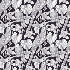 Parrots and tropical flowers. Vector seamless pattern