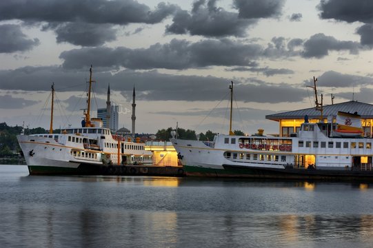Classic ferryboat of Istanbul at the seaport in evening