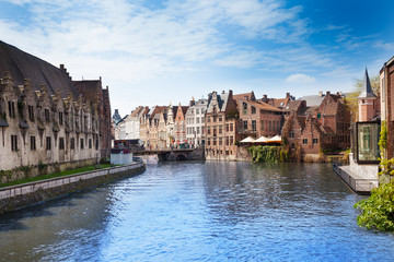Beautiful Leie river in Ghent downtown, Belgium