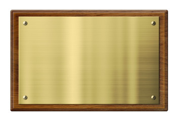 Wood plaque with brass or gold metal plate. Clipping path - obrazy, fototapety, plakaty