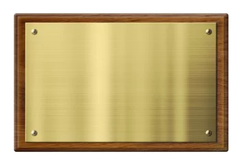 Fotobehang Wood plaque with brass or gold metal plate. Clipping path © Andrey Kuzmin