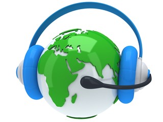 Earth planet globe with headset. 3D render.