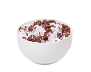 White bowl of corn flakes.
