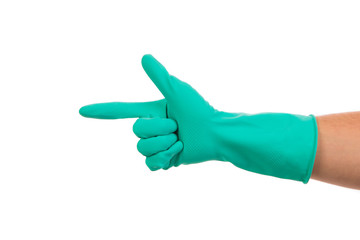 Hand shows direction in rubber glove.