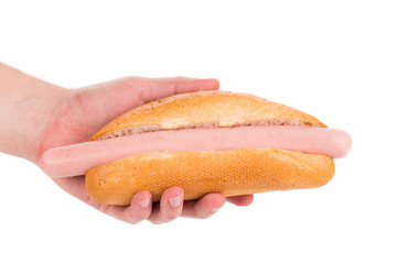 Tasty hotdog in hand.