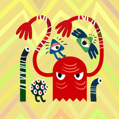 Red Angry Monsters on Zig Zag Background. Vector Illustration