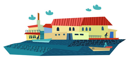 Bright Summer Sea Town and Boats. Vector Illustration