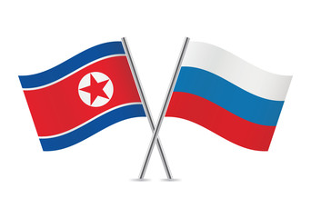 North Korean and Russian flags. Vector illustration.