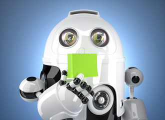 Android robot with shopping bag. Contains clipping path