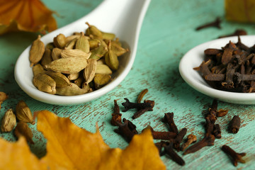 Cardamom and carnation in spoons with yellow leaves