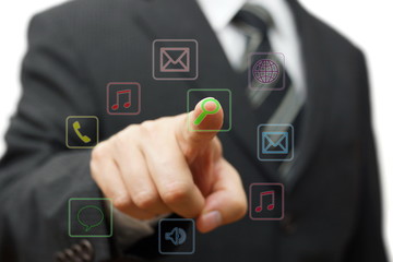 Businessman touching application button on virtual screen, futur