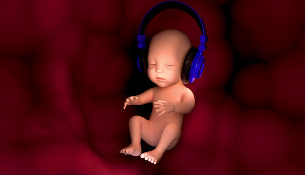 Feto DJ, neonato rock che ascolta musica in cuffia