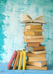 stack of books, row of books, open book, free copy space