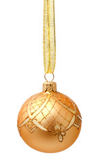 Hanging golden christmas ball with ribbon isolated