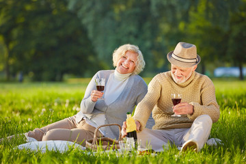 Paar Senioren trinkt Wein beim Picknick