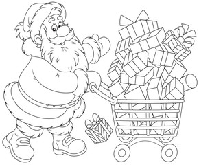 Santa Claus with a shopping cart of Christmas gifts