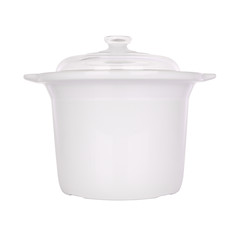 Ceramic steam pot with cover on white background.