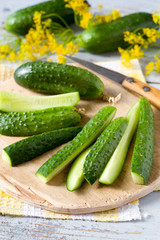 Cucumber slices on a cutting board
