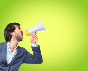 Man shouting over green background