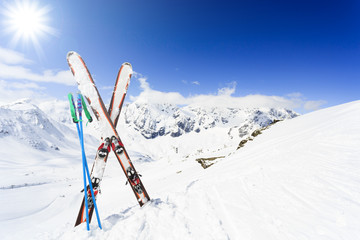 Ski , mountains and ski equipments on ski run