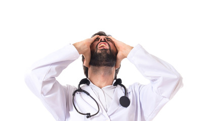 Frustrated doctor over isolated white background