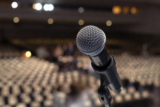 Microphone On The Stage And Empty Hall During The Rehearsal