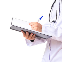 Doctor reading a book over white background
