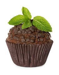 Muffin, chocolate cake with mint isolated on white background