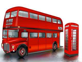 Fototapeta na wymiar britischer Doppeldeckerbus mit roter Telefonzelle