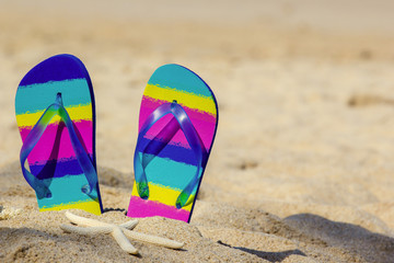 Fototapeta na wymiar Colorful flip-flops and starfish on sand beach