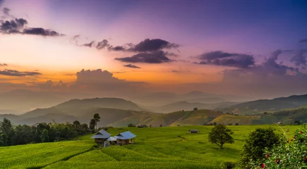Papier Peint photo autocollant K2 Beautiful panoramic evening sunset over rice terrace and rice paddy, natural landscape in Chiang Mai, Thailand, Asia
