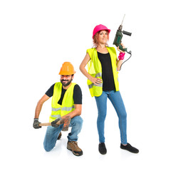 Workman with ax over white background