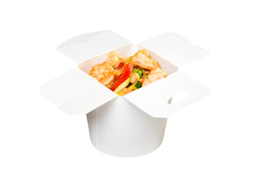 Chinese fast food dish in white paper box