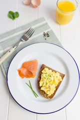 Top view of healthy breakfast with scrambled eggs on toast
