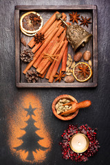 Vintage Christmas cards. Decorations and spices for baking.