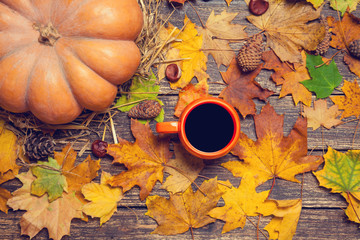 Pumpkin, leafs, chestnuts with cone and cup of coffee on a woode